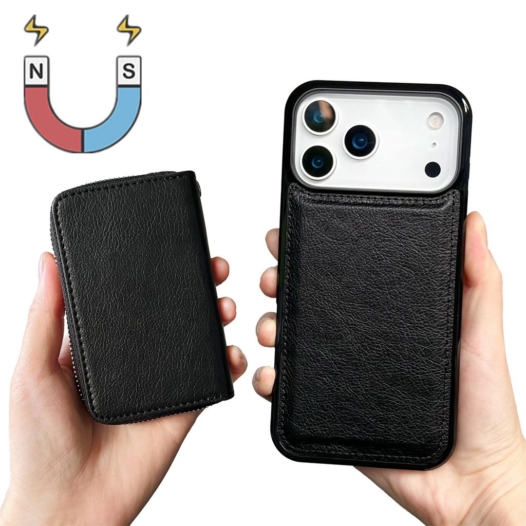 For iPhone 17 Pro Case Detachable Zipper Card Bag PU TPU Kickstand Phone Case with Strap