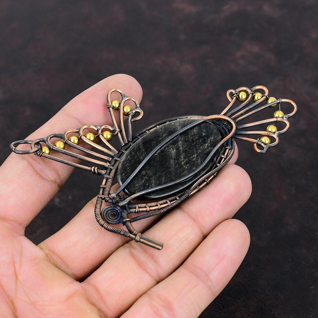 Серебряный блеск обсидиановый кулон Медная проволока Кулон ручной работы Подвеска из настоящего драгоценного камня Птица Кулон Медная проволока Ювелирный подарок для него