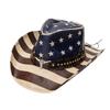 Unisex Vintage American Flag Print Woven Straw Cowboy Hat With Bull Head Rivet Band