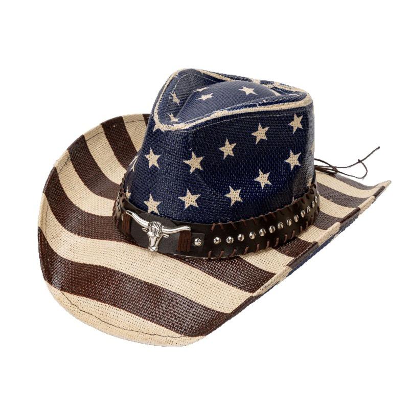Unisex Vintage American Flag Print Woven Straw Cowboy Hat With Bull Head Rivet Band