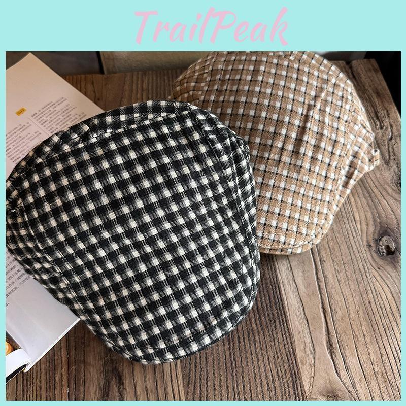 Checkered Pattern Retro Beret Hat For Women Breathable Sunshade Headwear Gift