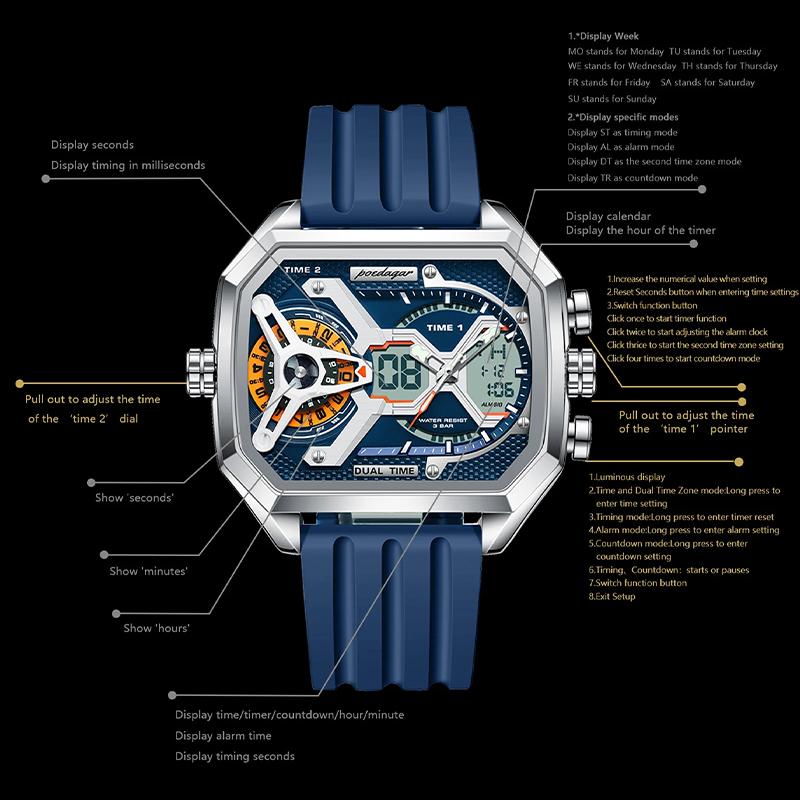 Роскошные мужские часы LED Календарь Неделя Светящиеся Мужские Наручные часы Электронные Прямоугольные Силиконовый Ремешок Кварцевые Мужские Часы