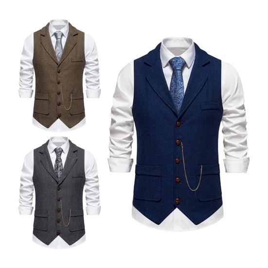 Men Suit Waistcoat Lapel Sleeveless Single Breasted Business Suit Vest Solid Color Slanted Hem 3D Pockets Chain Decoration Waistcoat