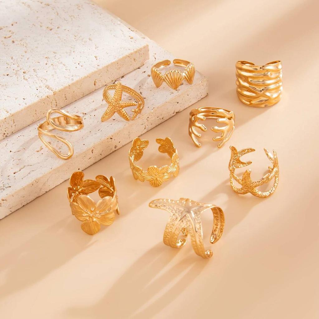 SHIXIN 9 Pcs Creative Starfish Scallop Flower Open Rings Set for Women Bohemian Irregular Adjustable Ring Beach Daily Jewelry