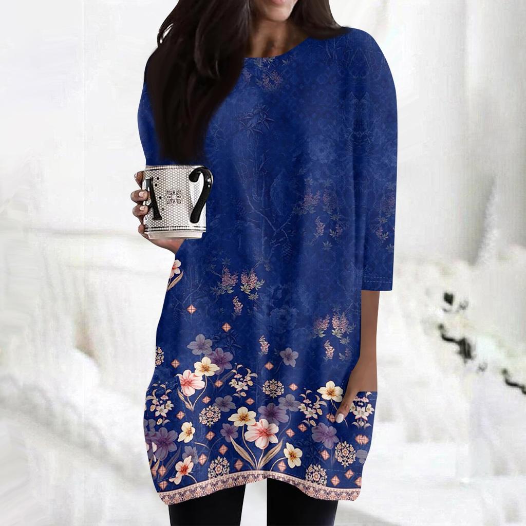 Женские повседневные рубашки с рукавами 3/4, модные туники с принтом, топы с карманами