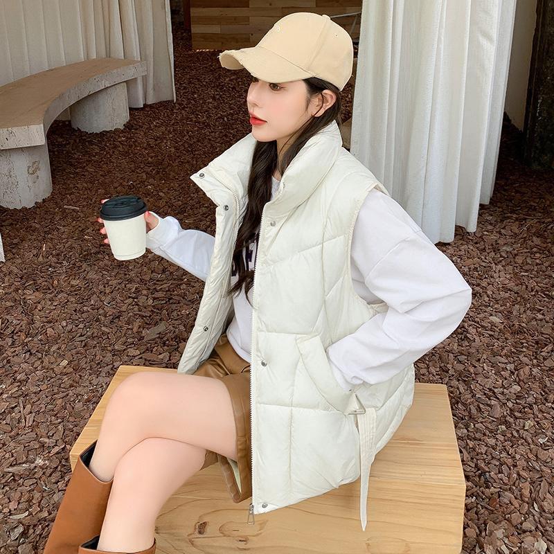 Women Autumn Winter Stand Collar Solid Color Thicken Outwear Cotton Padded Sleeveless Loose Pocket Warm Jacket Coat Vest