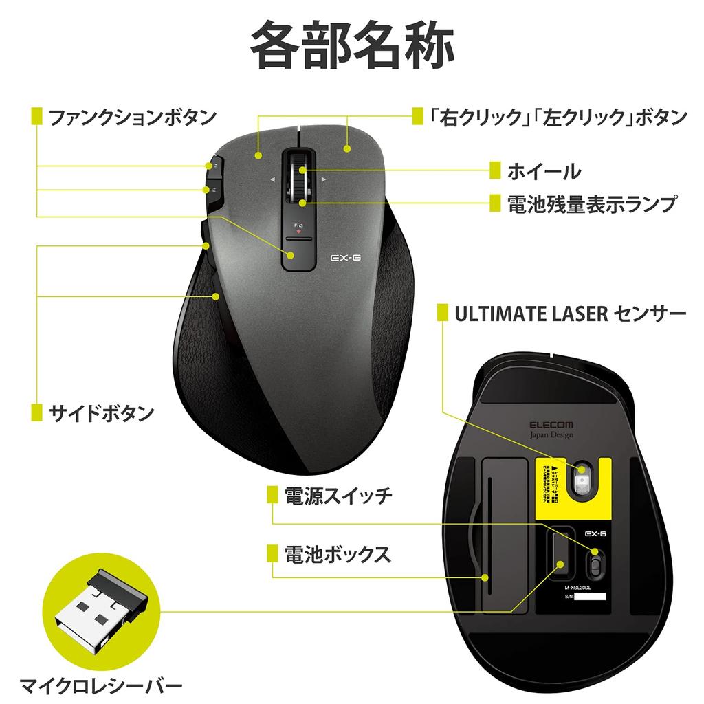 ELECOM Wireless Mouse Large 8 Ultimate Grip Black (Receiver Included), Size, Buttons, Laser, Design, M-XGL20DLBK