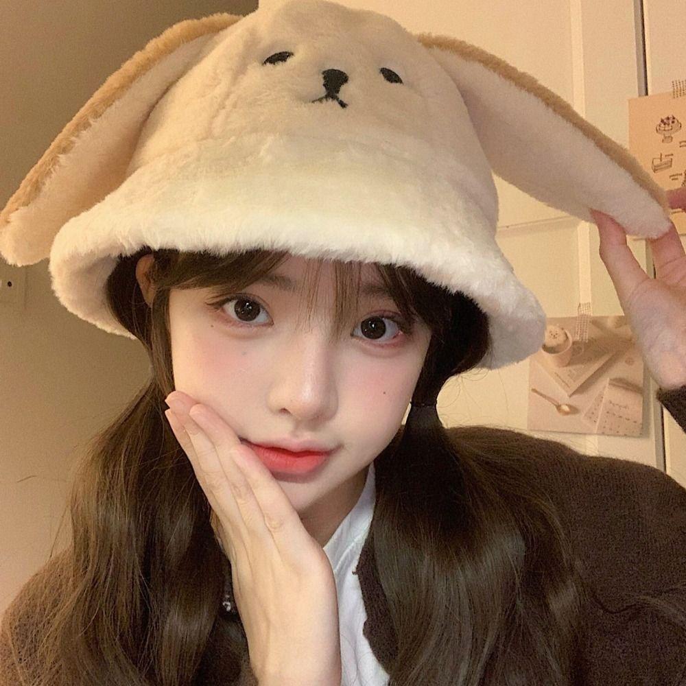 Korean Doggie Ear Bucket Hat Warm Women Plush Hats Cute Oversized Puppy Hat  Girls