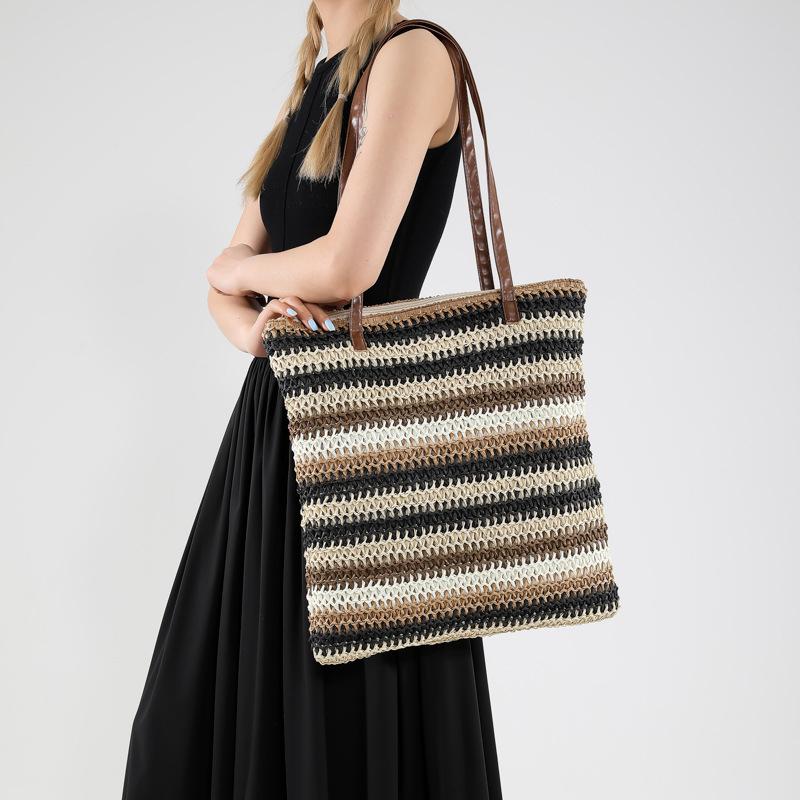 Women Fashion Striped Summer Beach Straw Knitting Shoulder Bag Handwoven Handbags Portable Large Capacity Casual Tote CLE