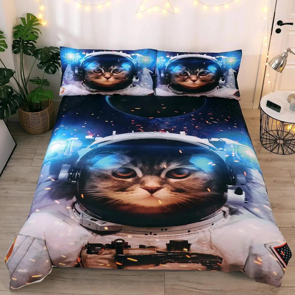 Funny Pirate Cat Duvet Cover Set Cat Riding Whale Japanese-Style Sea Wave Bedding Sets Stripe Lines Comforter Cover Full Queen