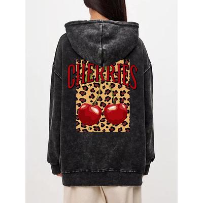 Винтажные женские худи с кислотной стиркой, модные пуловеры с леопардовым и вишневым принтом, карманные оверсайз хлопковые худи