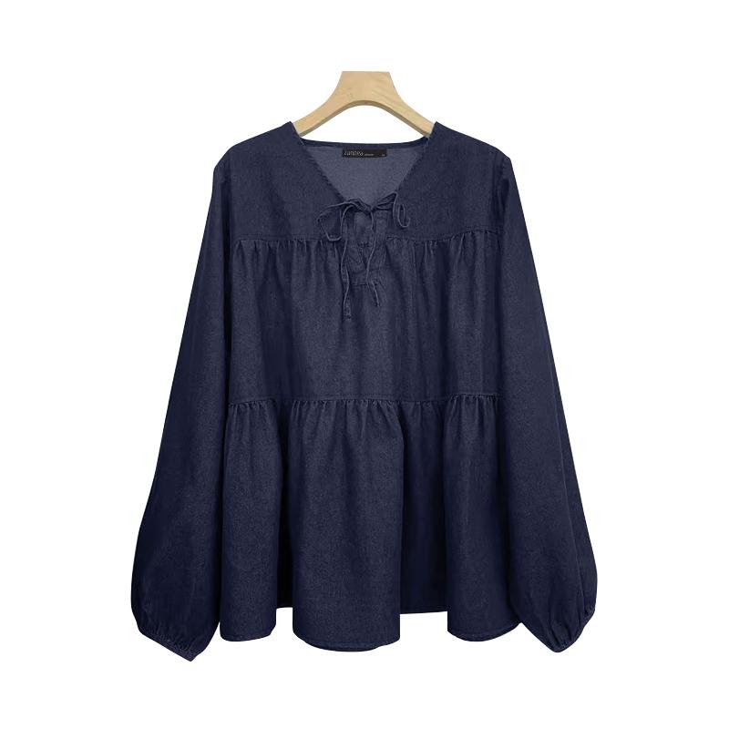 ZANZEA Женская повседневная свободная блузка из синего денима с V-образным вырезом и длинным рукавом