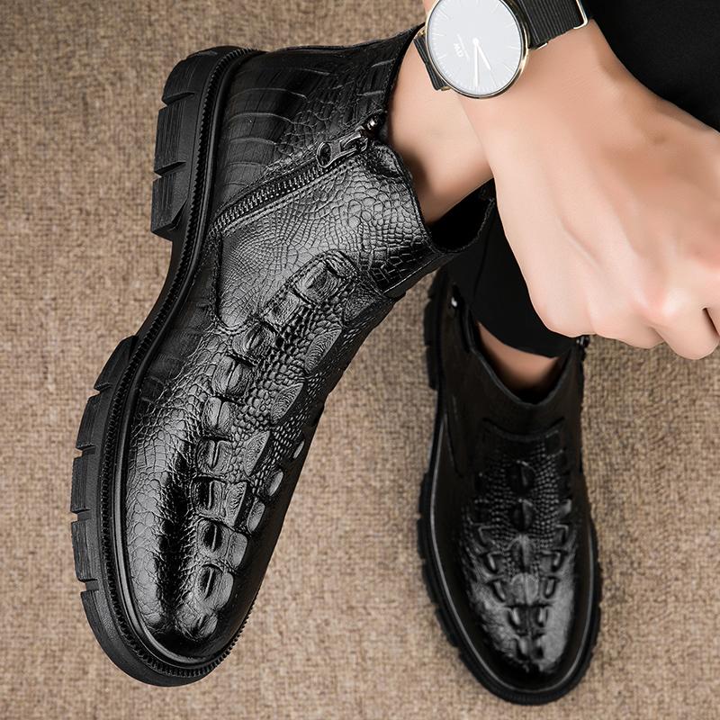 Мужские высокие ботинки из натуральной кожи, новые мужские ботильоны с крокодиловым узором, высококачественные ботинки «Челси», теплые зимние ботинки с плюшевым мехом