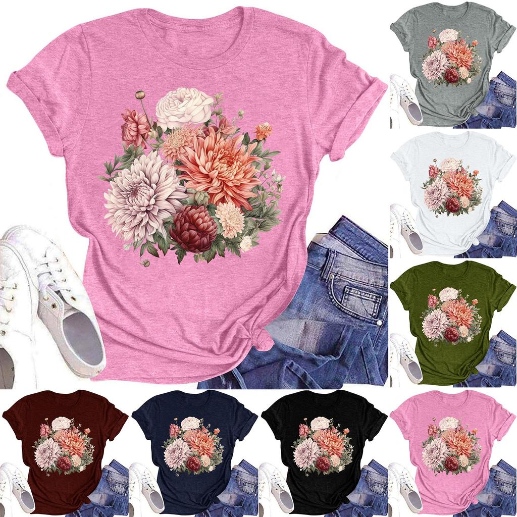 Women's Casual Round Neck Floral Print Short Sleeve T-Shirt Top