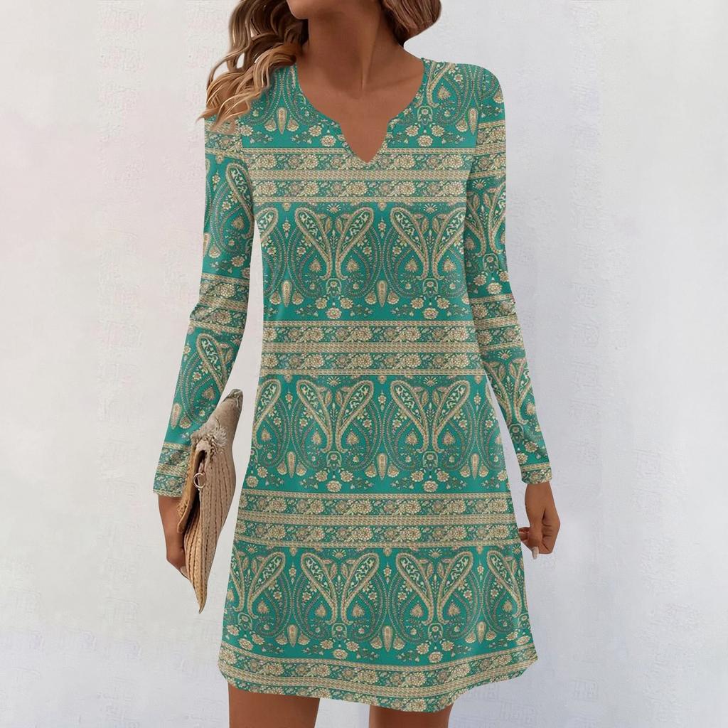 Women's Long-sleeved Casual Midi Dresses V-Neck Print Casual Dress