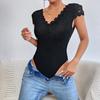 2025 Summer European & American Solid Lace-Trim Deep V Backless Bodysuit