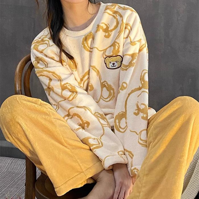 Осенне-зимний комплект из двух предметов, пижамы из кораллового флиса для женщин, домашний костюм, теплый женский комплект с круглым вырезом и длинными рукавами, плюшевая домашняя одежда для женщин, спальный комплект