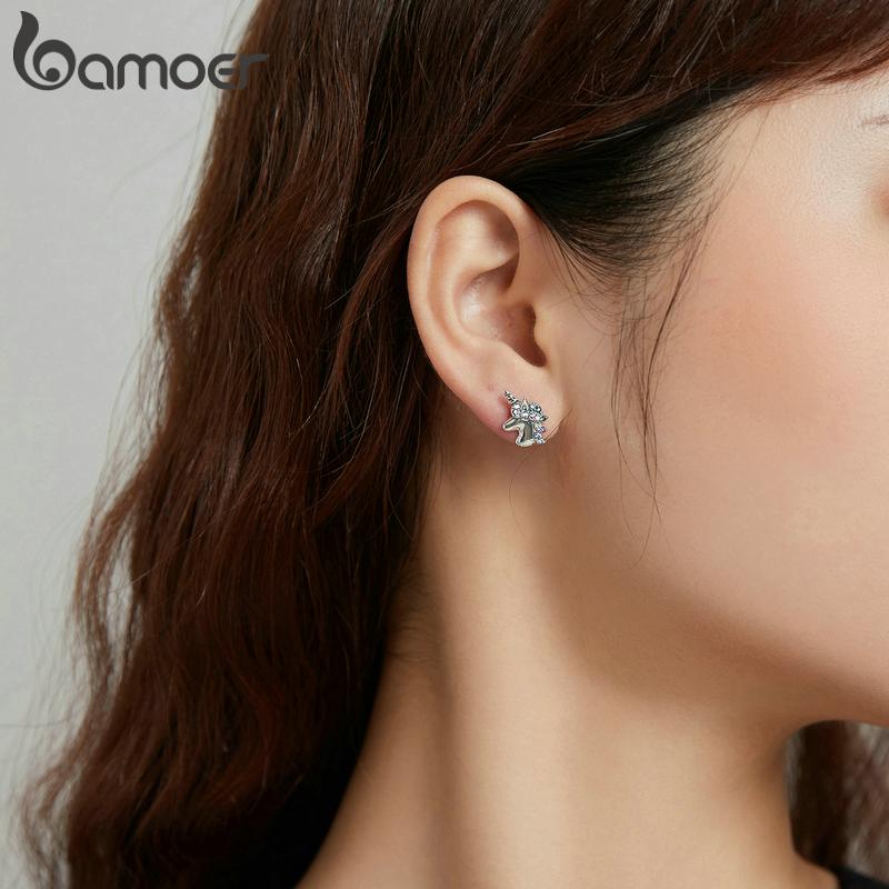 BAMOER стерлингового серебра 925 пробы острый рогатый конь Радуга красочный циркон милые пони серьги для женщин ювелирные изделия