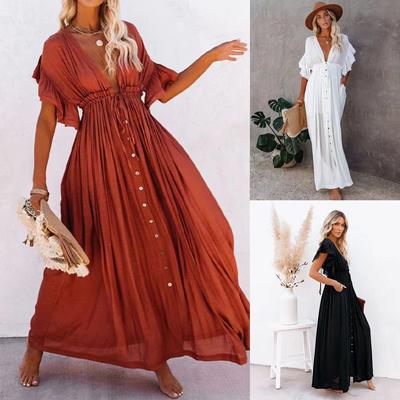 Летние длинные бикини-накидки для женщин, однотонные пляжные платья-кимоно с V-образным вырезом, солнцезащитное купальное платье со шнуровкой, юбка-саронг в стиле бохо