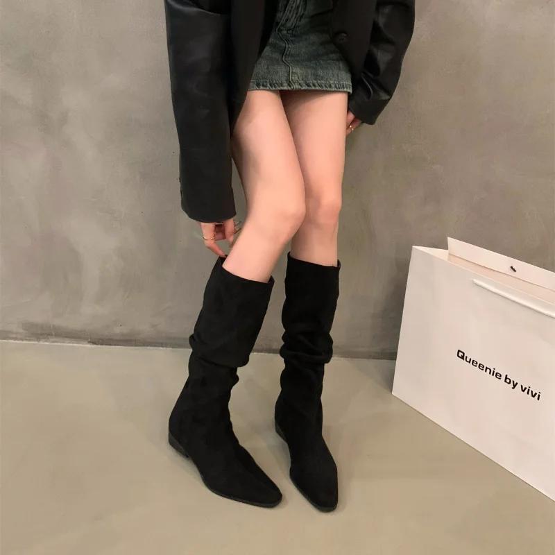 Женские ковбойские сапоги до середины икры, новые ретро-сапоги с острым носком и толстым каблуком, ковбойские сапоги в стиле вестерн, женская обувь, женские сапоги для верховой езды