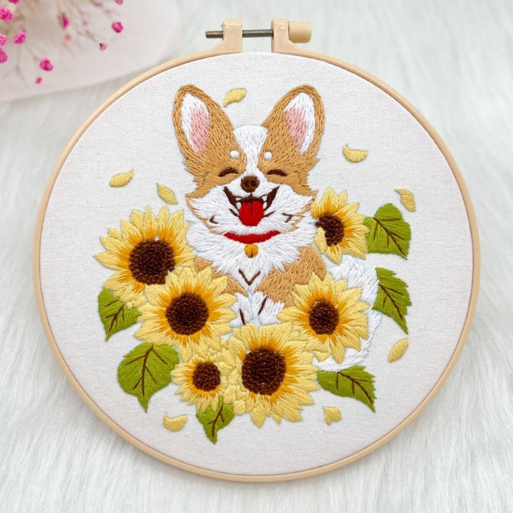 Floral Patterns Cross Stitch Set Corgi Embroidery Set Home Decor Dog Embroidery Kit Beginner