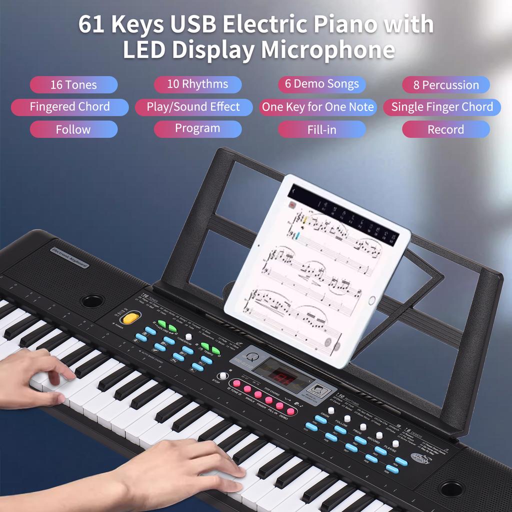 61 Keys USB Electronic Organ Kids Electric Piano with Microphone Black Digital Music Electronic Keyboard LED Display