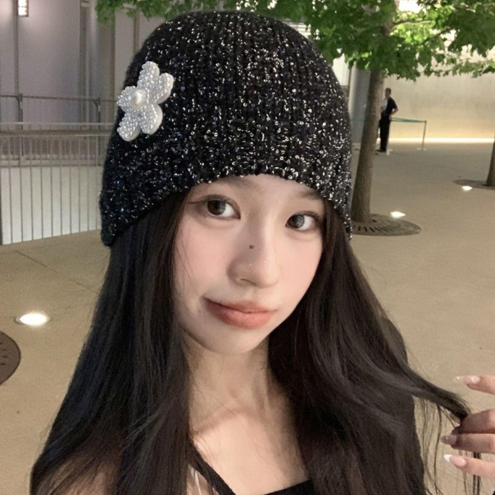 Vintage Beanie Hat Bowknot Woven Cap Fashion Sequin Knitted Hat Autumn