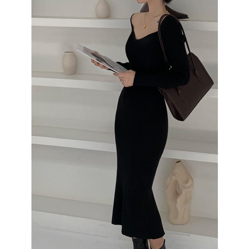 Новое платье с квадратным вырезом, в стиле ретро, для романтичного перерыва на кофе, с длинным рукавом, нежное, осенне-зимнее, нишевый дизайн, стройнящее