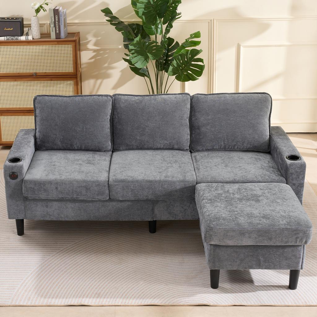 Upholstered sofa with USB and Type-C ports, 3-seater with two cup holders for living room, lounge and bedroom – L-shaped sofa bed, Grey, Linen