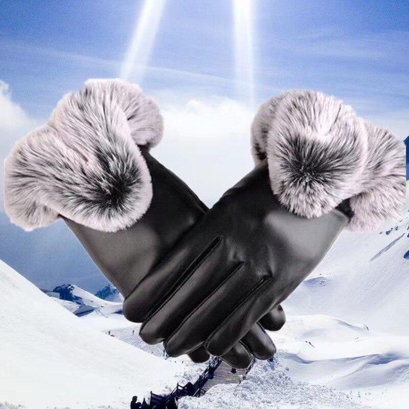 Women Winter Gloves Faux Rabbit Fur PU Leather Touch Screen Mittens Lady Female Outdoor Driving Warm Gloves