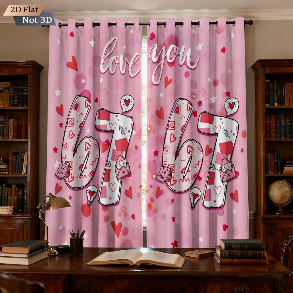 2pcs Valentine's Day Pink Love 67 Element Print Blackout Perforated Curtain Multi Size Living Room Bedroom Insulation Decoration
