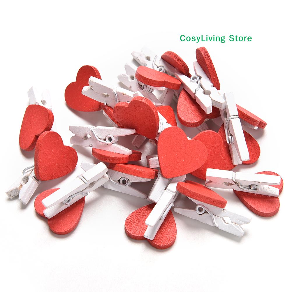 20Pcs Wooden Red Stylish Love Heart Pegs Photo Paper Clips Wedding Craft Decor