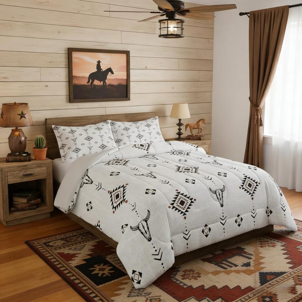 Erosebridal Western Aztec Comforter Set King Size, Boho Farmhouse Bedding Set for Kids Boys Teens Ethnic Southwest Bull Skull Cow Quilt Amer