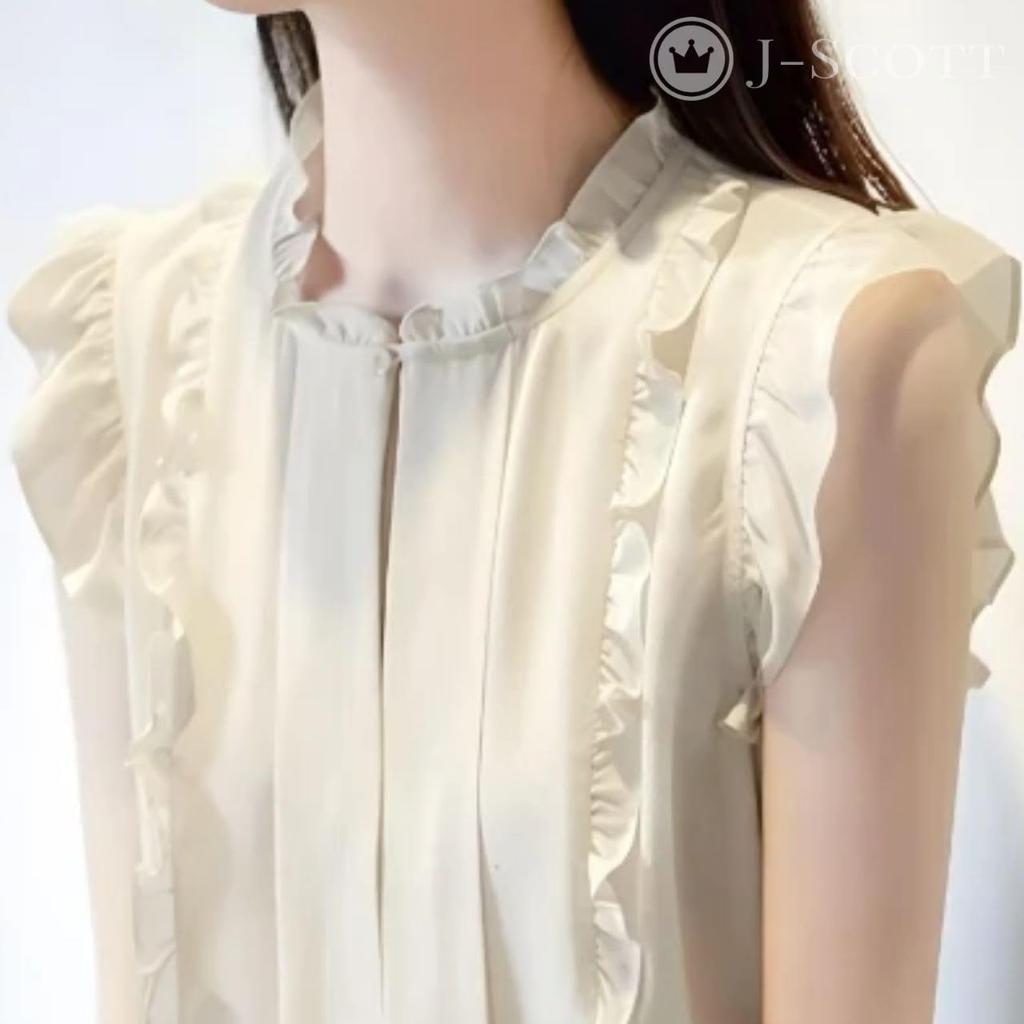 J-Scott JS72-WH-M Chiffon Frill Blouse with Button Front, Slit Neck, Frill Sleeves, and Sleeveless Design, Cool White