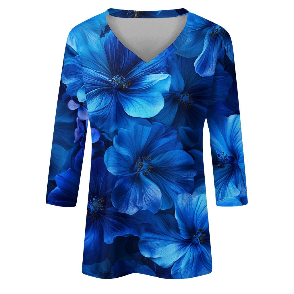 Женские топы, рубашка с рукавом три четверти, свободная повседневная рубашка с V-образным вырезом, футболка с цветочным принтом