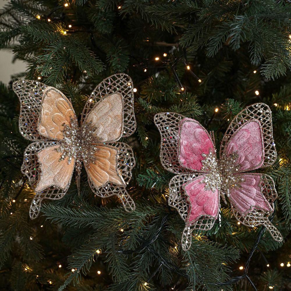Sparkling Christmas Butterfly Pendant with Clip Glitter Holiday Decor Multicolor Flannel Xmas Tree Hanging Ornaments