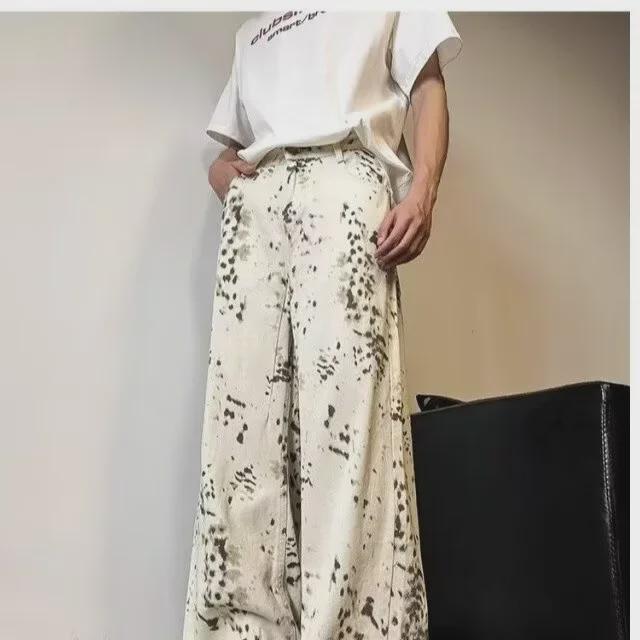 Унисекс Джинсы с высокой талией, в стиле ретро, с леопардовым принтом, с широкими штанинами - Весенне-осенний кэжуал