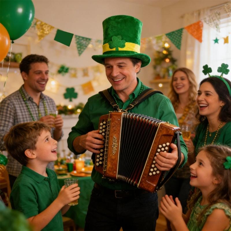 Green Irish Festival Hat with 6 Artificial Moustaches Beards Patricks Day Cosplay Hat for Men Women Festival Celebration