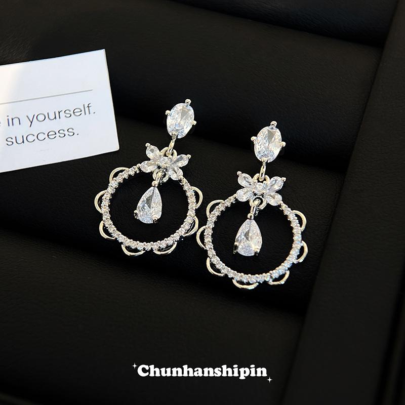 Mosquito coil disc ear clips without ear piercings~ French exquisite princess bow, water drop zircon stud earrings, fairy sweet earrings