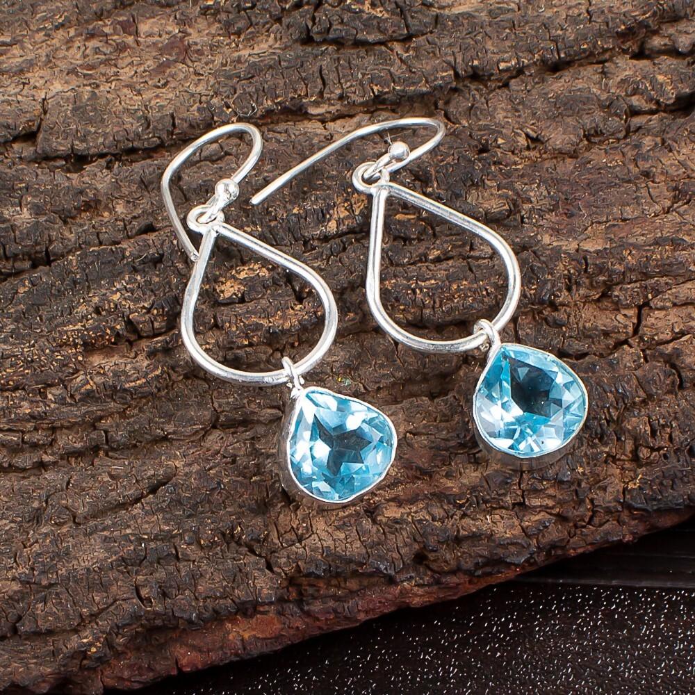 Sky Blue Topaz Gemstone 925 Sterling Silver Jewelry Handcrafted Earrings 1.90" EE-19-3