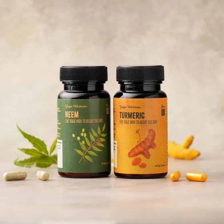 Комбо капсул Isha Life с нимом и куркумой (Набор из 2 x 60 каждый) – 100% Растительные Веганские Капсулы для Жизненной Силы и Ежедневной Поддержки | Традиционные Йогические Э