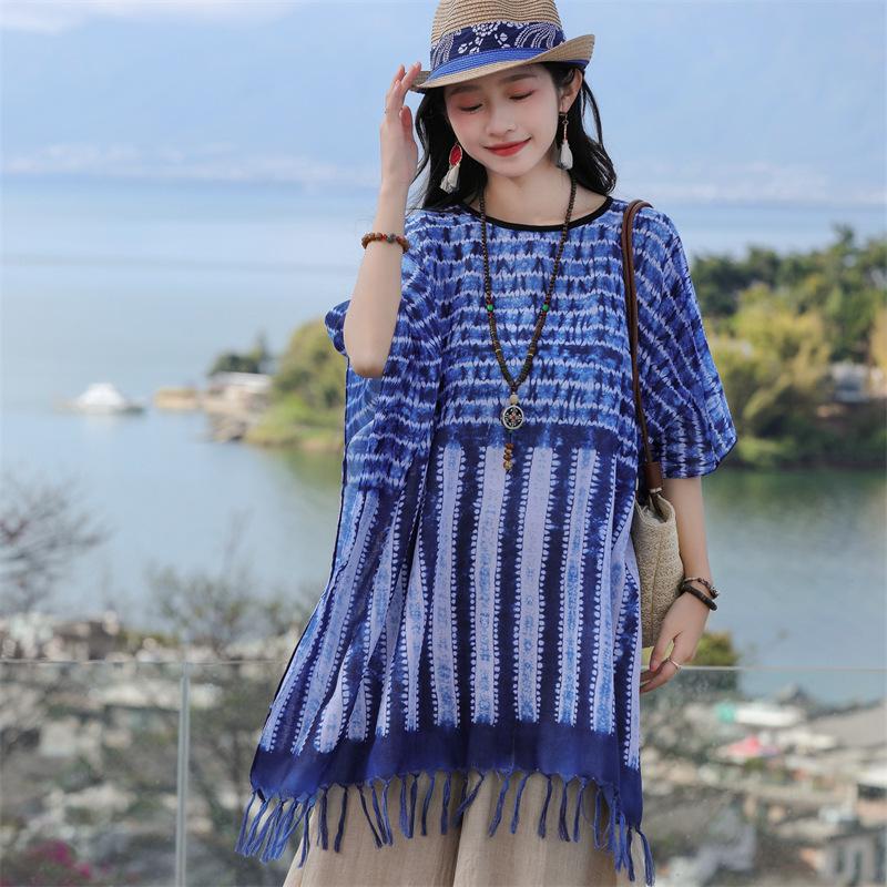 Four Season Imitation Tie Dye Printed Ethnic Style Scarf, Women'S Retro Famous Ethnic Style Blue And White Porcelain Sunscreen Cloak, Large Shawl
