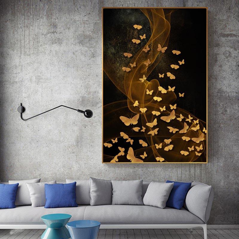 Рамка из цельного дерева, скандинавский современный абстрактный золотой постер, Золотая бабочка, танцующая в небе, холст, картина для Куадрос, гостиная, домашний декор