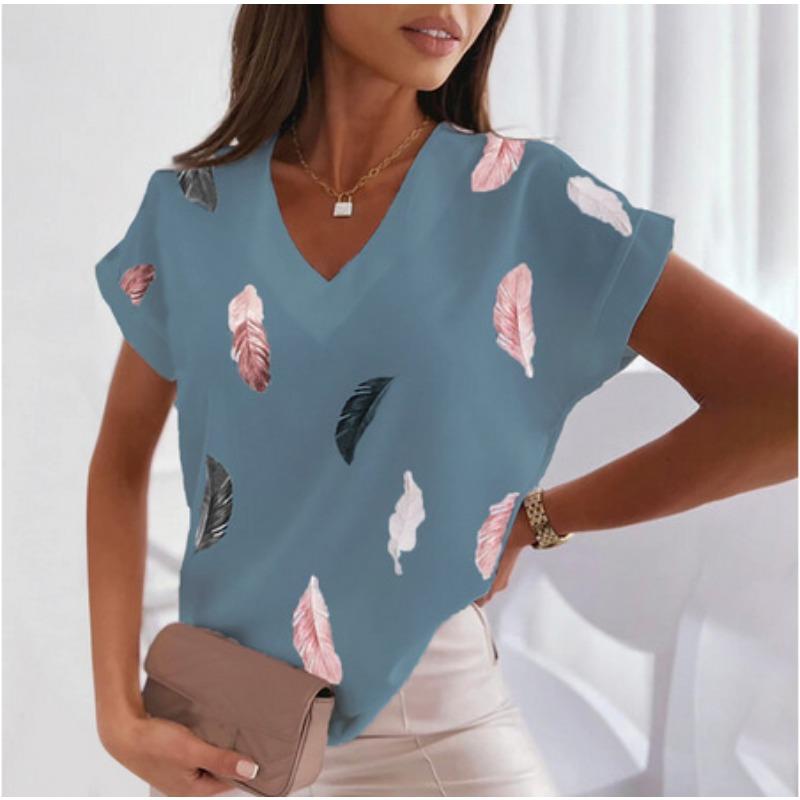 Feather 3D Printed T-shirts V-neck Short Sleeved Women's T-shirts