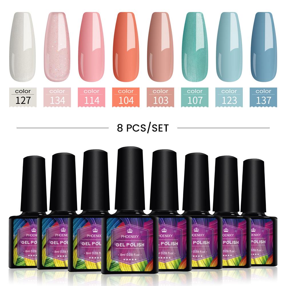 PHOENIXY 8 мл набор гель-лаков для ногтей 8 цветов УФ-гель-лак для ногтей стартовый набор Soak Off блестящий блестящий гель-лак для ногтей набор лаков для ногтей подарки маникюрный набор