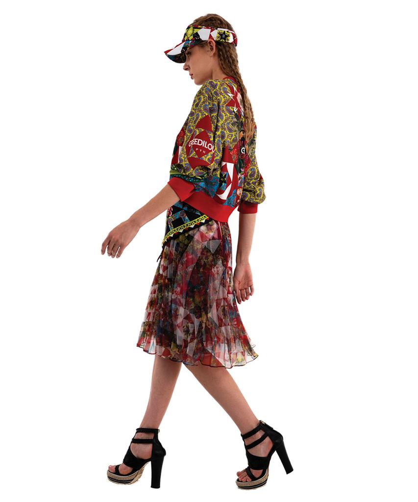 Greedius Red Geometric Pleated Skirt