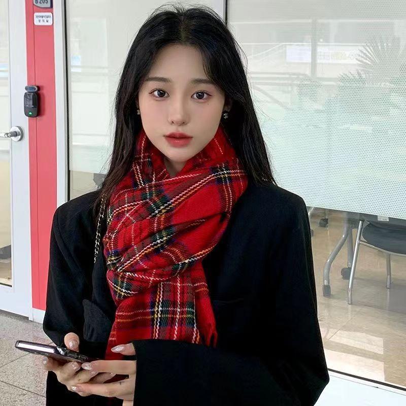 Зеленый винтажный клетчатый шарф для женщин, осенне-зимний универсальный теплый шарф-шаль в корейском стиле
