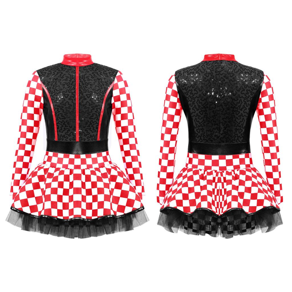 Детский костюм гонщика для девочек, клетчатый комбинезон гонщика с блестками, костюм для косплея на Хэллоуин, нарядное платье