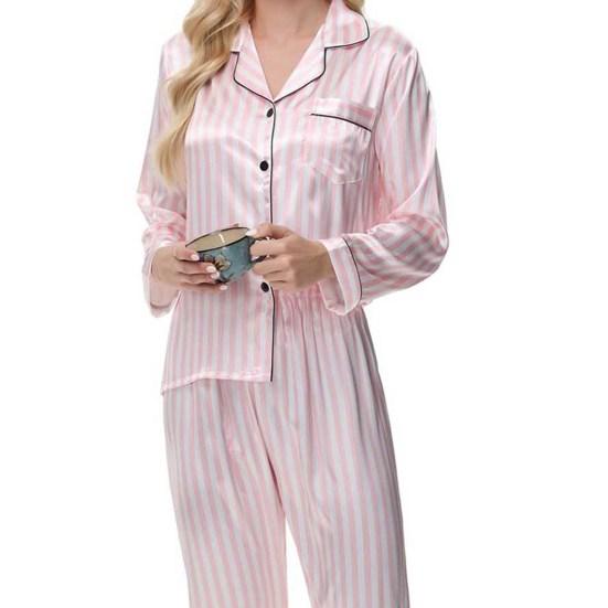 Женский комплект пижамы из 2 предметов из шелкового атласа с лацканами, топ и брюки в полоску, свободный