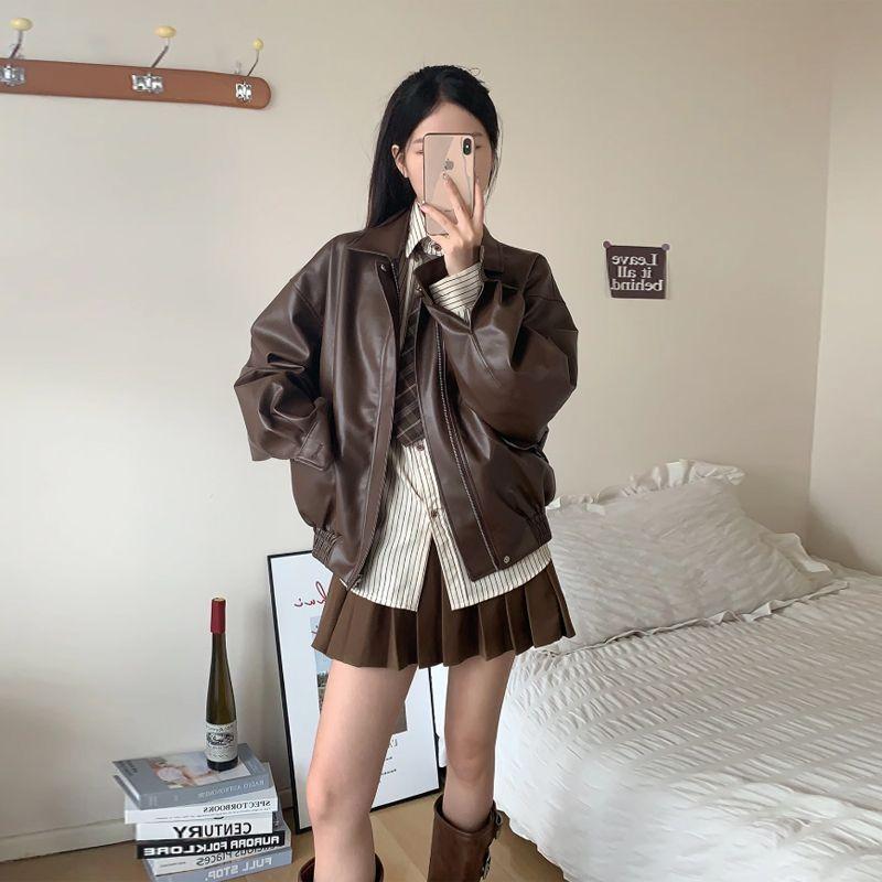 Винтажная кожаная женская укороченная куртка свободного кроя в корейском стиле, стильная куртка для мотоциклистов, миниатюрная, осень, новое поступление